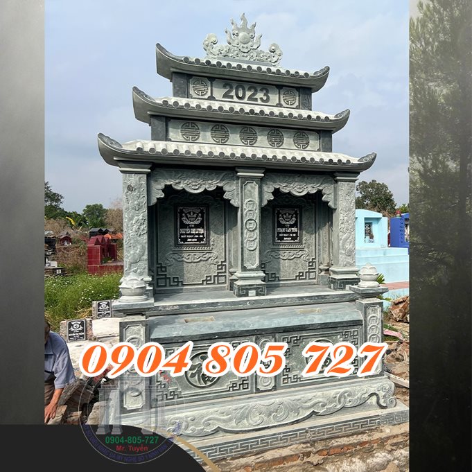 Mẫu mộ đá đôi 3 mái  xưởng chế tác mộ đá Ninh Bình