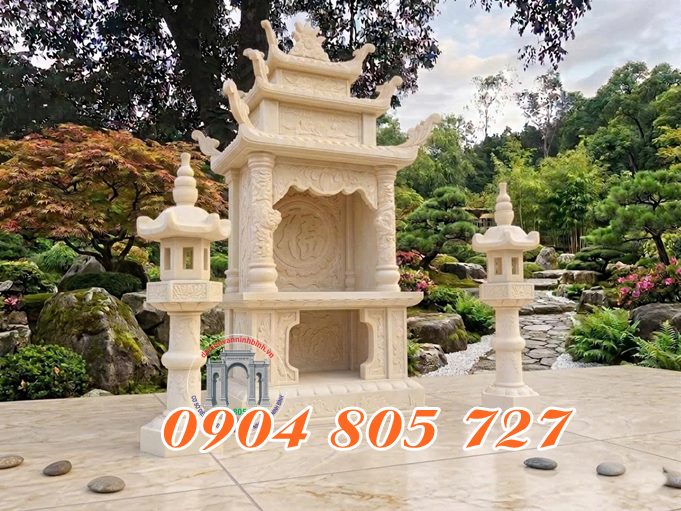 Miếu thờ ngoài trời 2 tầng bằng đá vàng mẫu miếu thờ 2 tầng bằng đá đẹp chuẩn phong thủy